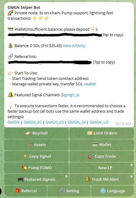 Main Menu for GMGN Automated Crypto Trading Bot