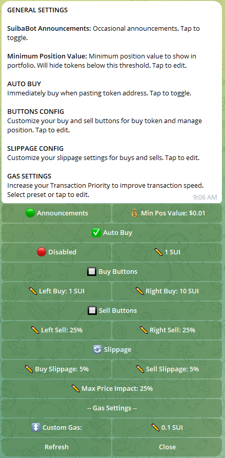 SUIBABot Telegram trading bot for the SUI network- Settings menu