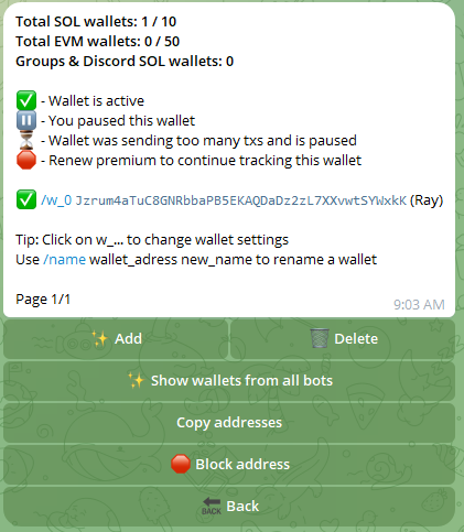 Raybot Wallet Tracker Manage Wallets Menu