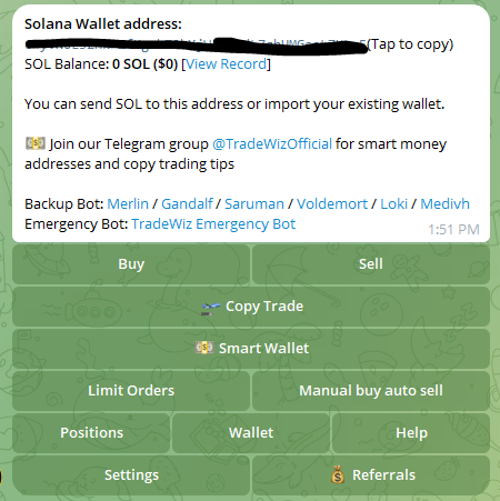 Main menu for TradeWiz Automated Crypto trading bot