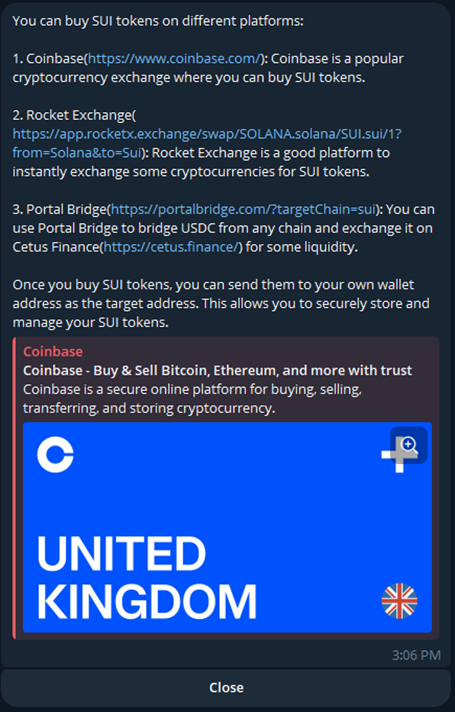 SUIBA Bot menu for buying and selling SUI crypto from exchanges