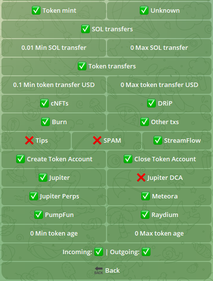 Raybot Wallet Tracker Settings Menu