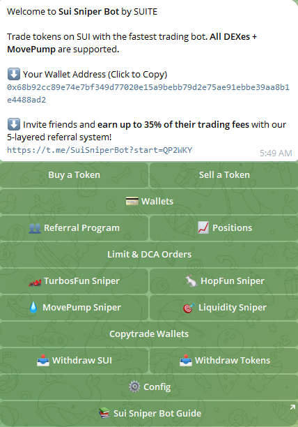 SUI Sniper Bot Telegram Bot Menu on the SUI Network