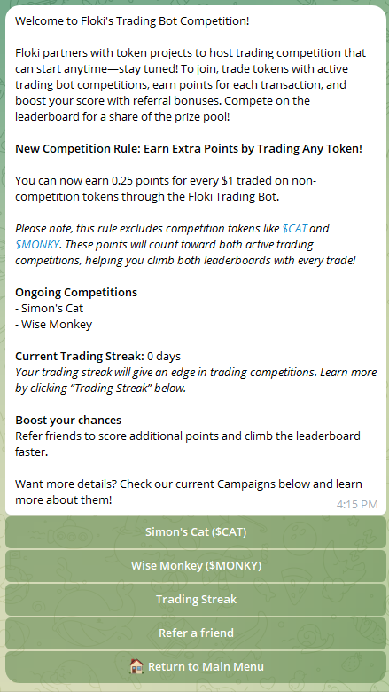 Floki Trading Bot Telegram Competitions page