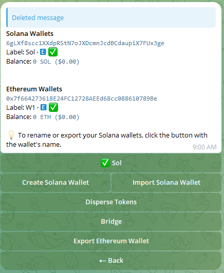 TrojanBot for Solana Wallets Menu