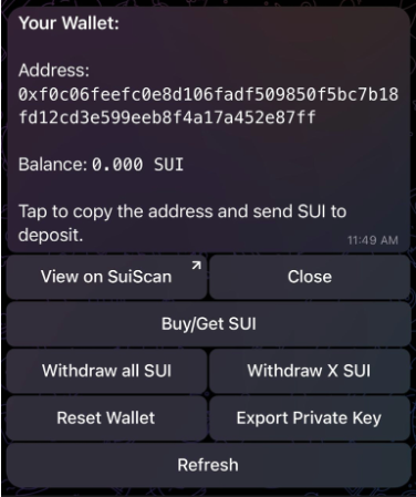 SUIBA Bot Telegram bot wallet menu and settings