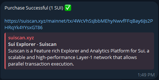 SUIBA Bot successful crypto purchase on the SUI network