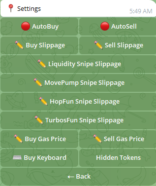 SUI Sniper Bot Telegram Bot Settings Menu - SUI Network