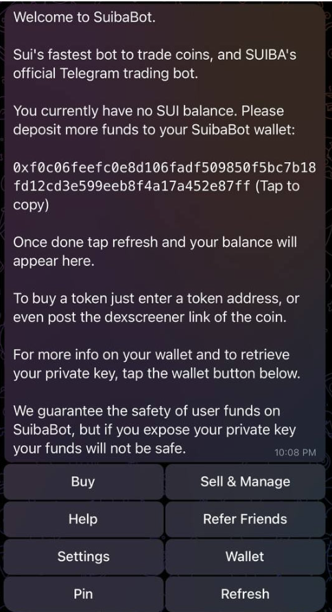 SUIBA Bot Telegram bot main menu - buy and sell crypto
